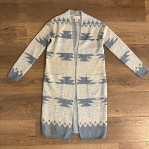 Jessica Simpson blue, cream Aztec print long cardigan, XS